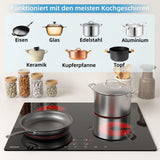 WEHIMO Glaskeramikkochfeld, Glaskeramikkochfeld 4 platten, 59cm, 6000W, 4 Kochzonen (1800W*2+1200W*2), 9 Heizstufen, Berührungssteuerung, Kindersicherung, 1-99min Timer, Geeignet für Alle Töpfe